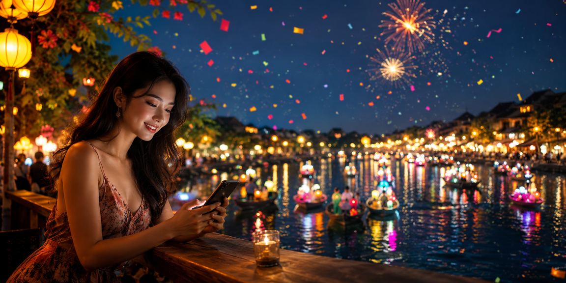 Cô gái trải nghiệm casino mobile bên ly cà phê tại Hội An